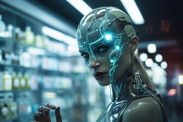 AI generated surreal picture of robot woman in modern apothecary pharmacy concept