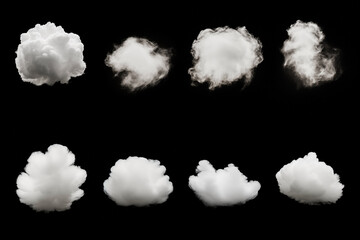 clouds white isolated on black background, collection of eight pieces