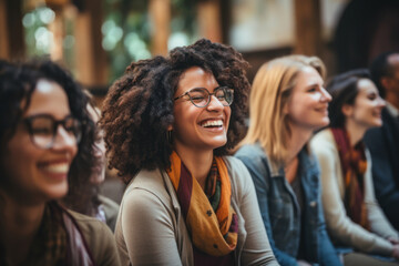 Obraz premium A diverse group engaged in a laughter yoga session, showcasing the emotional and social benefits of laughter for mental health. Generative Ai.