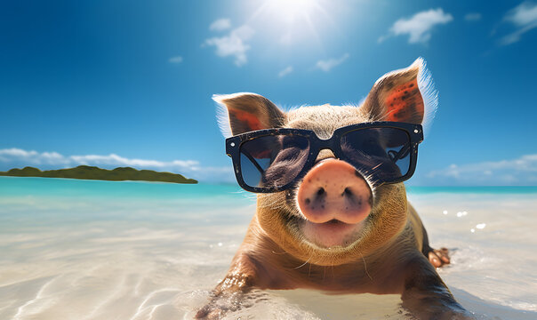 Happy pig wearing sunglass for a commercial advertisement image