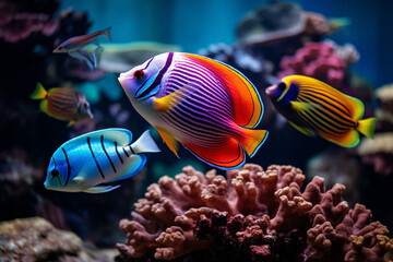 fishes close-up in tropical sea underwater multicolored on coral reef, aquarium oceanarium, wildlife, marine snorkel diving