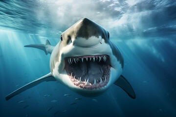 shark white oceanic underwater with open mouth with teeth front view, attacker - obrazy, fototapety, plakaty