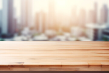 wooden tabletop on a blurry background of urban high - rise buildings background