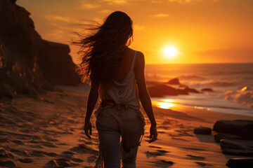 Fototapeta premium A sunset walk along the beach, portraying the therapeutic effects of nature and outdoor activities on mental and emotional well-being. Generative Ai.