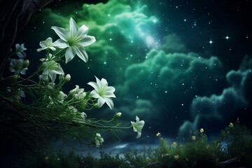 Fototapeta na wymiar flowers green blossom on night skies and abstract stars, space flower, fantastic