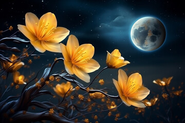 flowers yellow blossom on night skies, full moon, space flower, fantastic