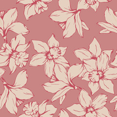 seamless pattern with pink narcissus, floral background, daffodil contour pattern