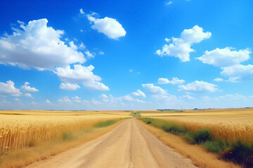 Fototapeta na wymiar dirt road is straight going to horizon between fields with yellow wheat ears, clear day and white clouds in blue sky