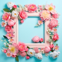 pink frame on pastel blue background with pink flowers. Generative AI