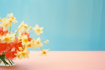 spring flowers on tabletop against pastel blue background. Spring awakening concept. Generative AI