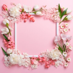 pink frame on pink background with pink flowers. Generative AI