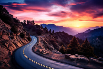 mountain road serpentine, colorful sunset, curved roadway, rocks, stones, blue sky