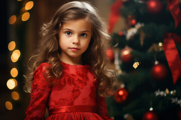 AI generated image of adorable girl on new year night christmas tree lights at the background