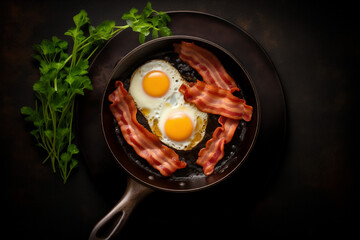 fried eggs with bacon in frying pan with oil, top view - obrazy, fototapety, plakaty