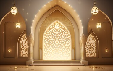 Illustration of Ramadan Kareem background with mosque and golden confetti - obrazy, fototapety, plakaty