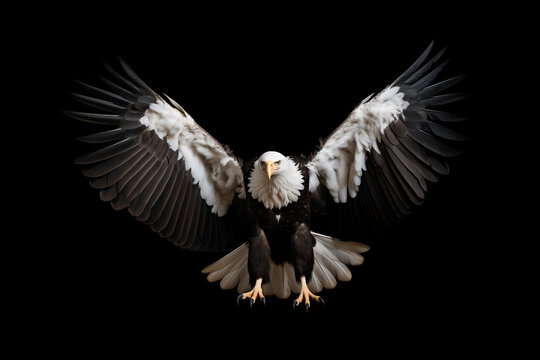white eagle with claws lands attacker, isolated on black background