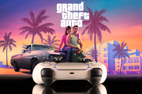 GTA VI on TV with playstation 5 controller, 15 Dez, 2023, Sao Paulo, Brazil.
