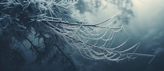 A frosty spider web is in front of the pine tree.