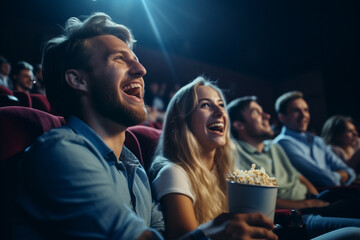 people of different genders and ages in cinema laughing while watching movie, popcorn