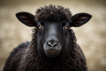 Fototapeta premium head of black sheep close-up, looks at camera, selective focus
