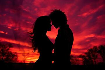 Fototapeta na wymiar silhouettes of a couple in love against a background of crimson sky generative ai