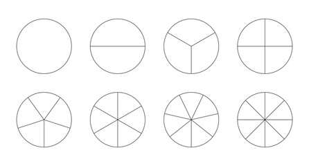 Set of pizza charts. Segmented charts. Pie chart templates. Sectors divide the circles on equal parts. Outline black thin graphics. Segments infographic. Diagram wheel parts. Vector illustration. Eps.