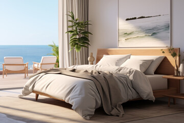 bedroom bed with panoramic sea view. generative ai