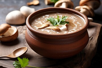 Mushroom soup in clay pot on wooden table, closeup