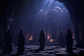 exorcists perform a ritual in a dark cave generative ai