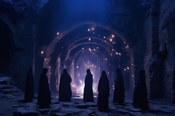 exorcists perform a ritual in a dark cave generative ai