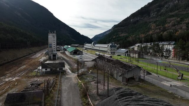 International Tran Station in Pyrenees. Canfranc Estaci&oacute;n, Spain. Aerial drone footage of railway located on the French border. Royal Hideaway Hotel