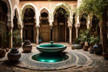 Fountain and two huge jars decorate the courtyard - obrazy, fototapety, plakaty