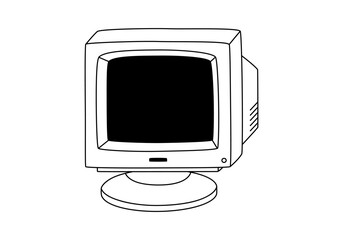 Hand drawn cute outline illustration of retro pc monitor. Flat vector old computer sticker in line art doodle style. Vintage office or programmer device icon or print. Information technology. Isolated - obrazy, fototapety, plakaty
