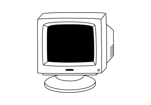 Hand drawn cute outline illustration of retro pc monitor. Flat vector old computer sticker in line art doodle style. Vintage office or programmer device icon or print. Information technology. Isolated