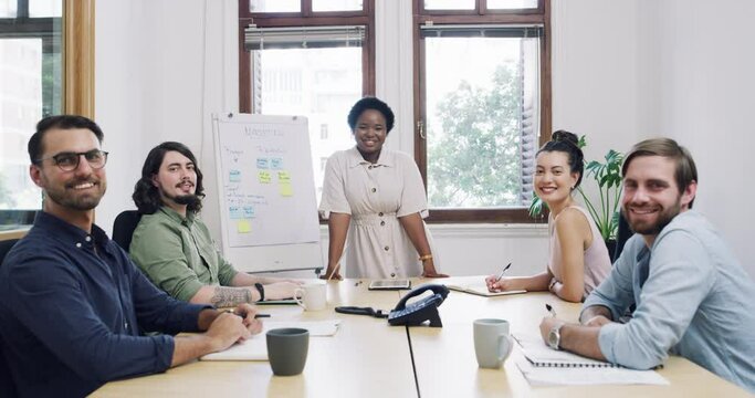 Woman, presentation and diversity with face, office and conference for company, workshop and leadership. Business meeting, teamwork and proposal for marketing strategy, workers and workplace