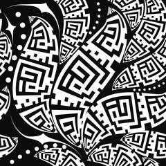 Black and white Hand drawn ethnic style floral greek key meanders seamless patttern. Drawing ornamental vector background. Repeat monochrome backdrop. Modern ornaments with abstract flowers, dots