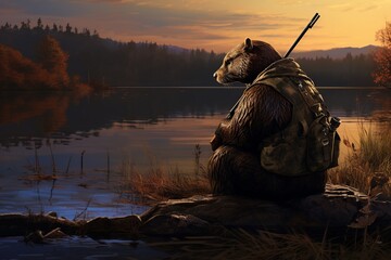 Step into the tranquil world of a beaver hunter as they patiently await amidst the gentle morning light. With unwavering focus, they scan the serene surroundings