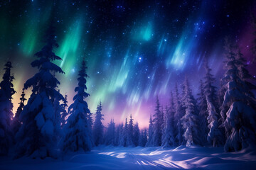 aurora green blue borealis over frosty coniferous forest, winter, trees in the snow