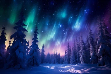 Meubelstickers aurora green blue borealis over frosty coniferous forest, winter, trees in the snow © -=RRZMRR=-