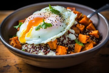 Baked sweet potato with poached egg in a bowl on dark wooden background - obrazy, fototapety, plakaty