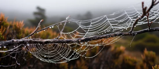 Photo sur Plexiglas Mont Cradle Close-up shot of dew-covered spider web in Cradle Mountain, Tasmania