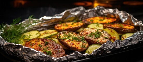Baked potatoes and zucchini on a sheet with blurred background.