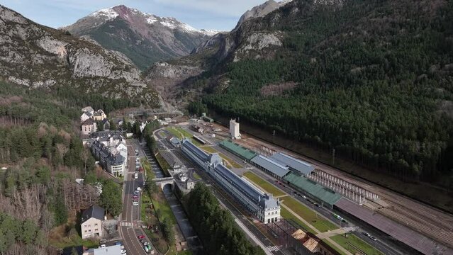 International Tran Station in Pyrenees. Canfranc Estaci&oacute;n, Spain. Aerial drone footage of railway located on the French border. Royal Hideaway Hotel