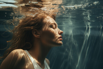 Junge Frau entspannt Unterwasser - obrazy, fototapety, plakaty