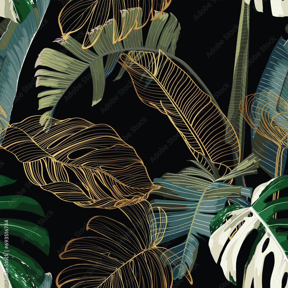 Poster Tropical night vintage palm, banana, plant, golden leaves, floral seamless border black background. Exotic dark jungle wallpaper.