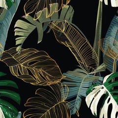 Tropical night vintage palm, banana, plant, golden leaves, floral seamless border black background. Exotic dark jungle wallpaper.