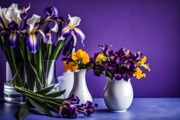 A bouquet of fresh flowers. a couple of vases with iris flowers in them on a table with a purple background and a white vase with purple flowers