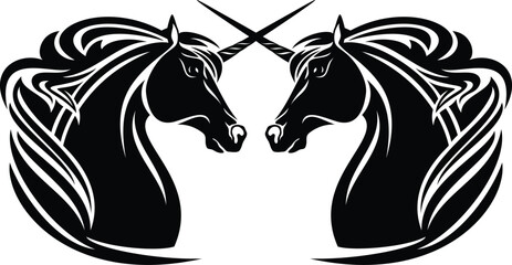 pair of magic unicorn horses with crossed horns - black and white fantasy animal head vector design - obrazy, fototapety, plakaty