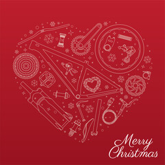 Vector red Christmas heart card with wishes Merry Christmas. Christmas decorations with white bike components and snowflakes. Red background.
