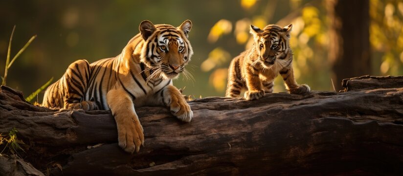 A mother tiger and her young cub play on a fallen tree branch one morning in Tadoba Andhari Tiger Reserve, India.